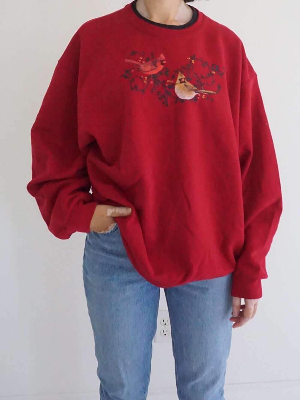 Country Store Red Black Cardinal Bird Botanical Embroidered Christmas Sweater XL